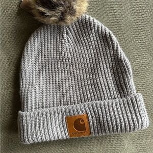 Carhartt' Gray Knit Beanie with Faux Fur Pom-Pom